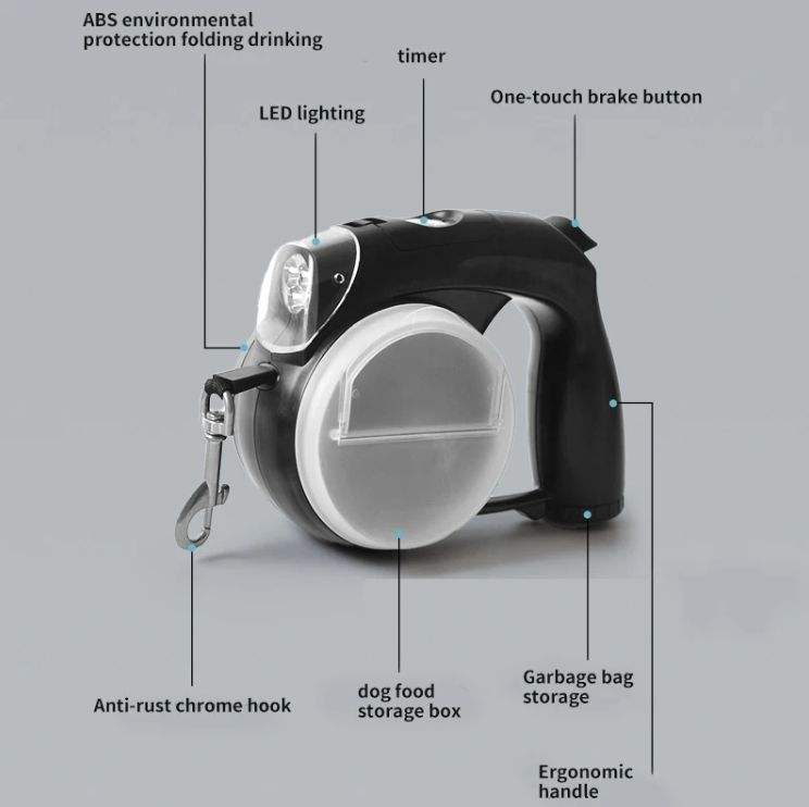 5-in-1 Retractable Dog Leash with LED Light & Travel Essentials